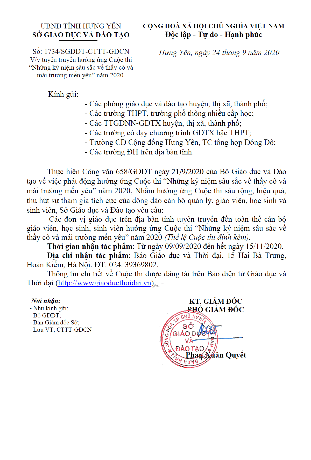 Công văn số 1734/SGDĐT-CTTT-GDCN của Sở GD&ĐT Hưng Yên V/v tuyên ...